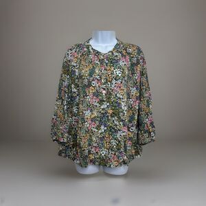 J. Jill Green Cottage Floral Print Long Sleeve Spring Blouse Size Medium